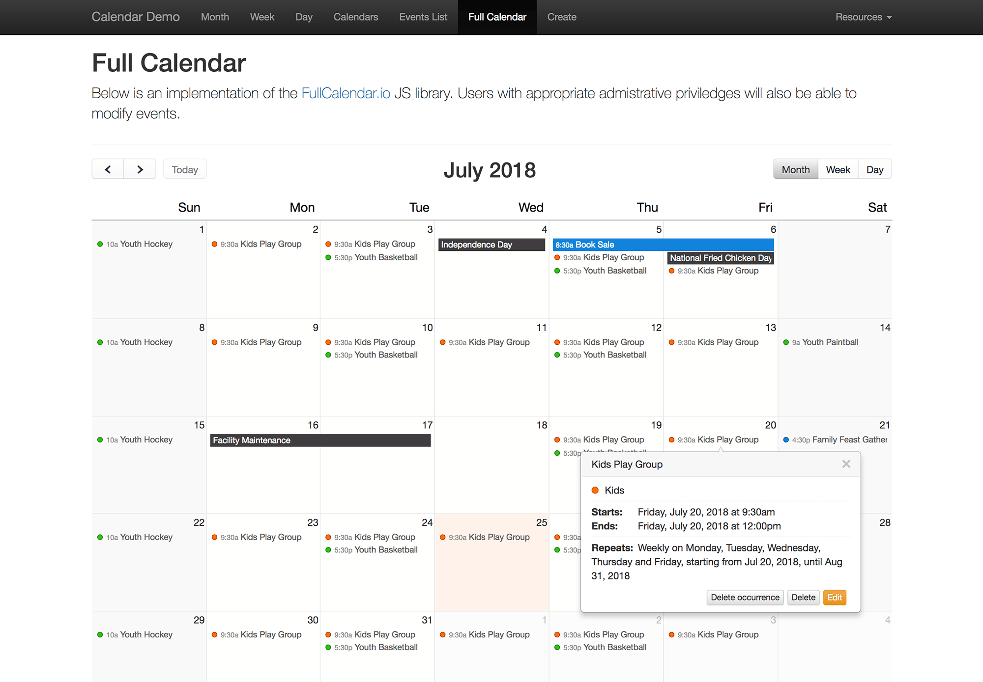 FullCalendar JS library - Month view 