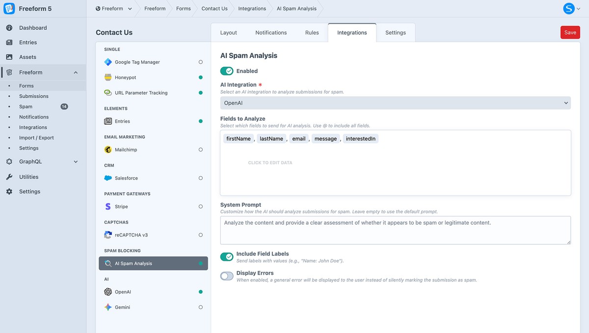 AI Spam Analysis settings in the form builder