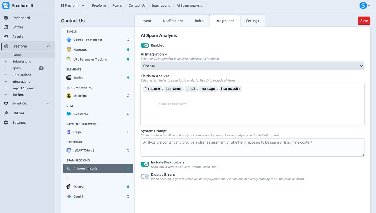 AI Spam Analysis settings in the form builder