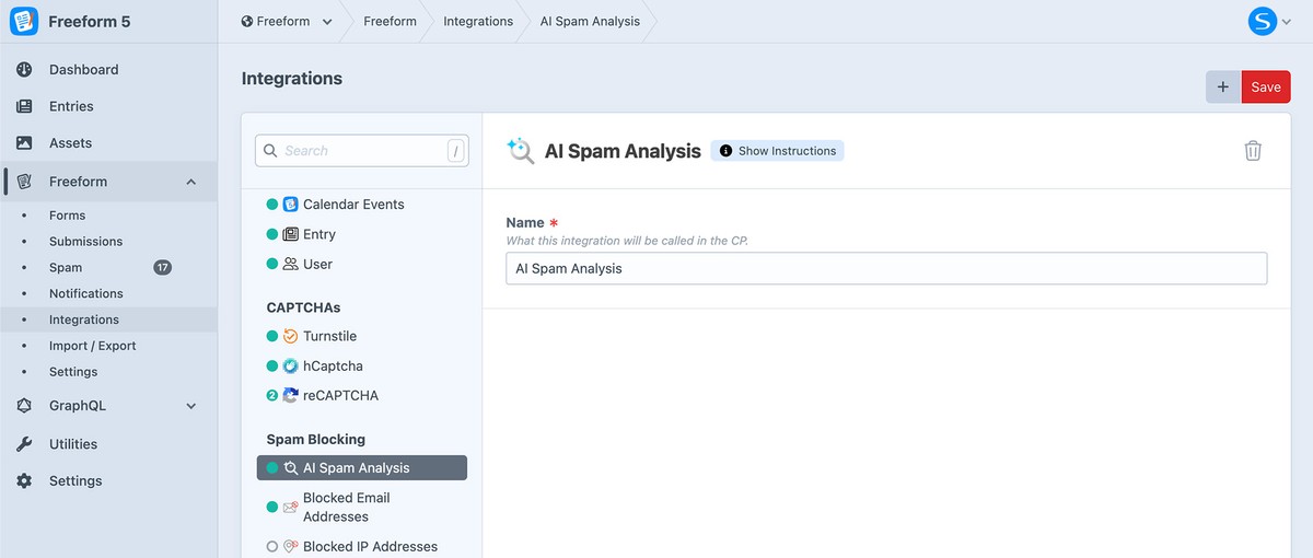 AI Spam Analysis settings in Freeform