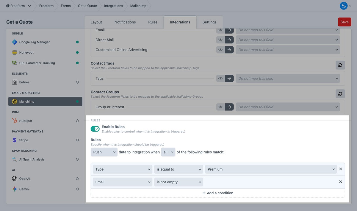 Integration Conditional Rules settings in the form builder