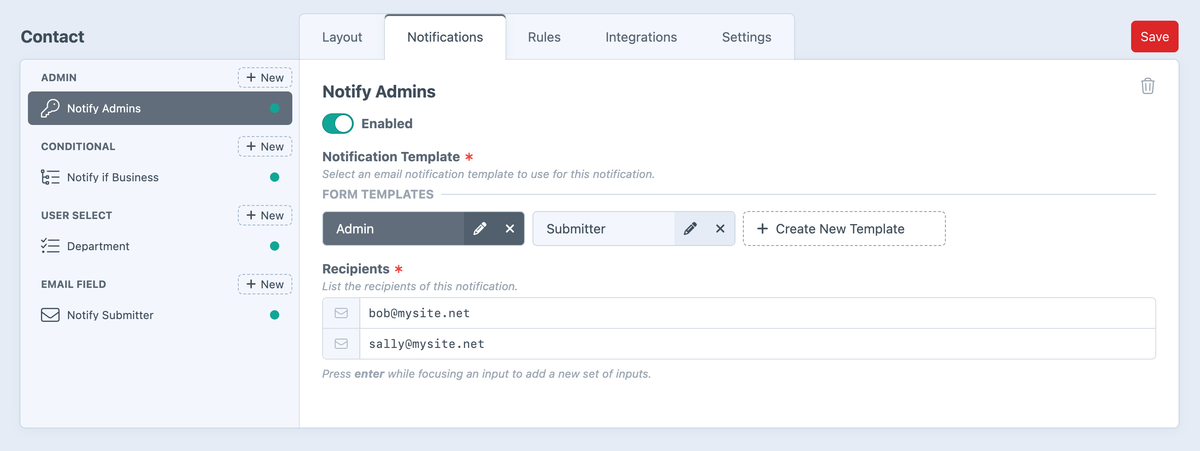 Admin notification settings