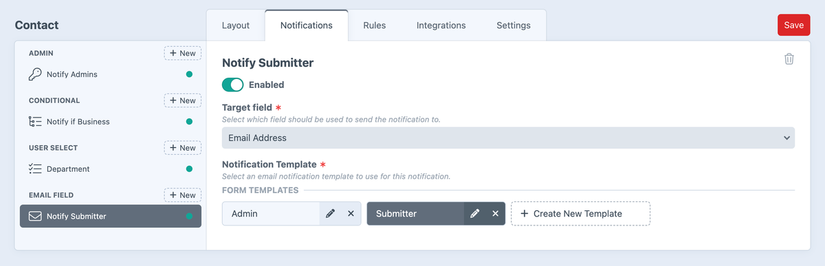 Email Fields notification settings