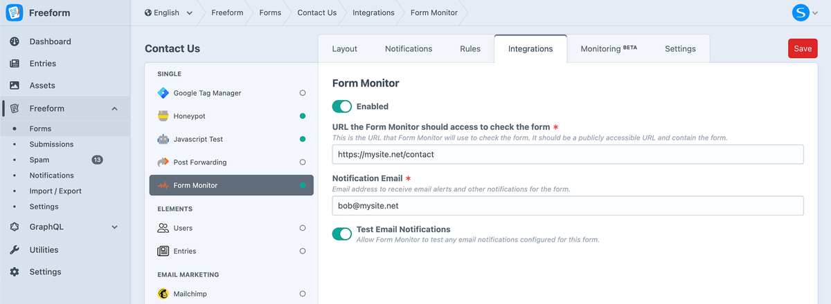 Form Monitoring form builder settings