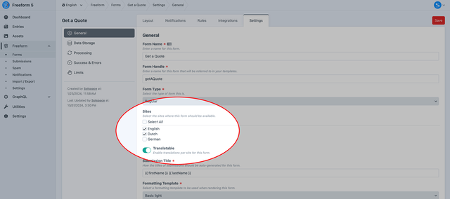 Sites and Translatable settings in Form Builder