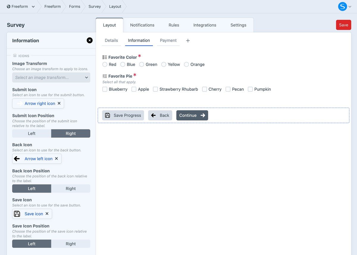 Submit Buttons icons settings inside form builder