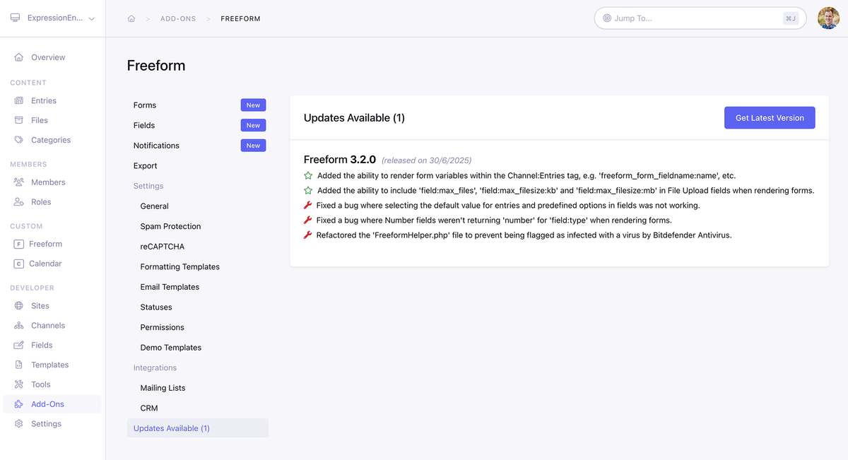 Freeform's Built in Update Service