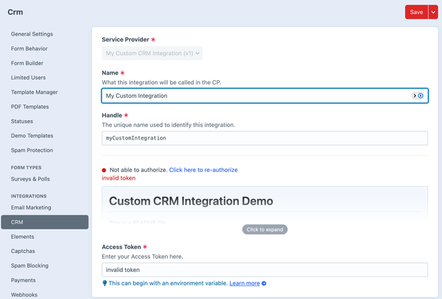 Custom CRM invalid token