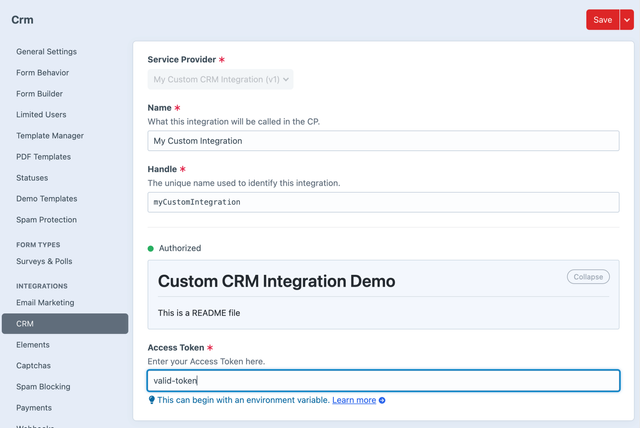 Custom CRM valid token