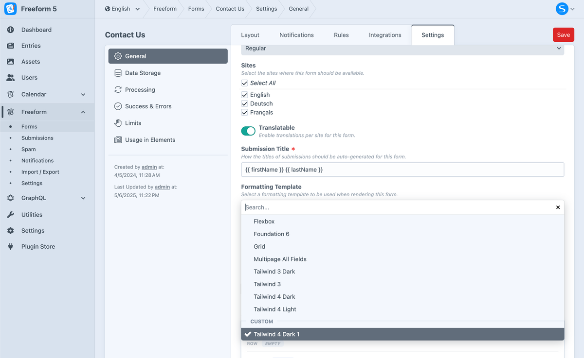 Apply new custom formatting template inside the form builder