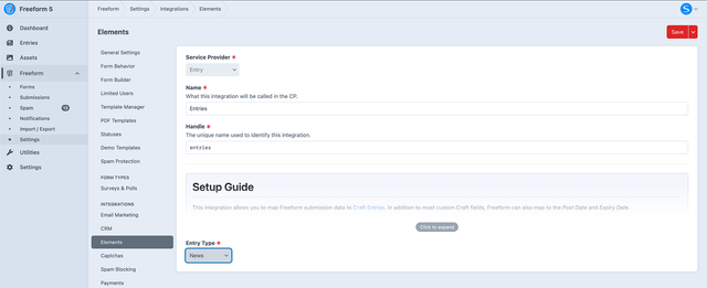 Elements integration in Freeform settings