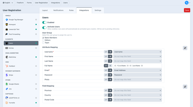 User Elements integration in Freeform form builder