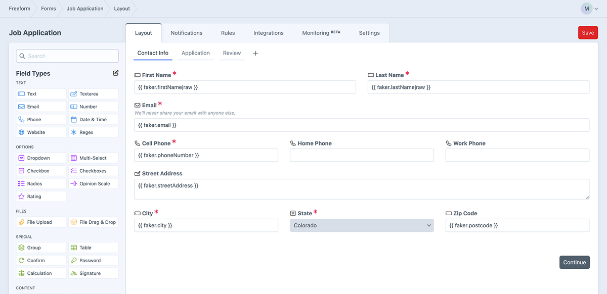 An overview of Faker set into default values of fields for the form