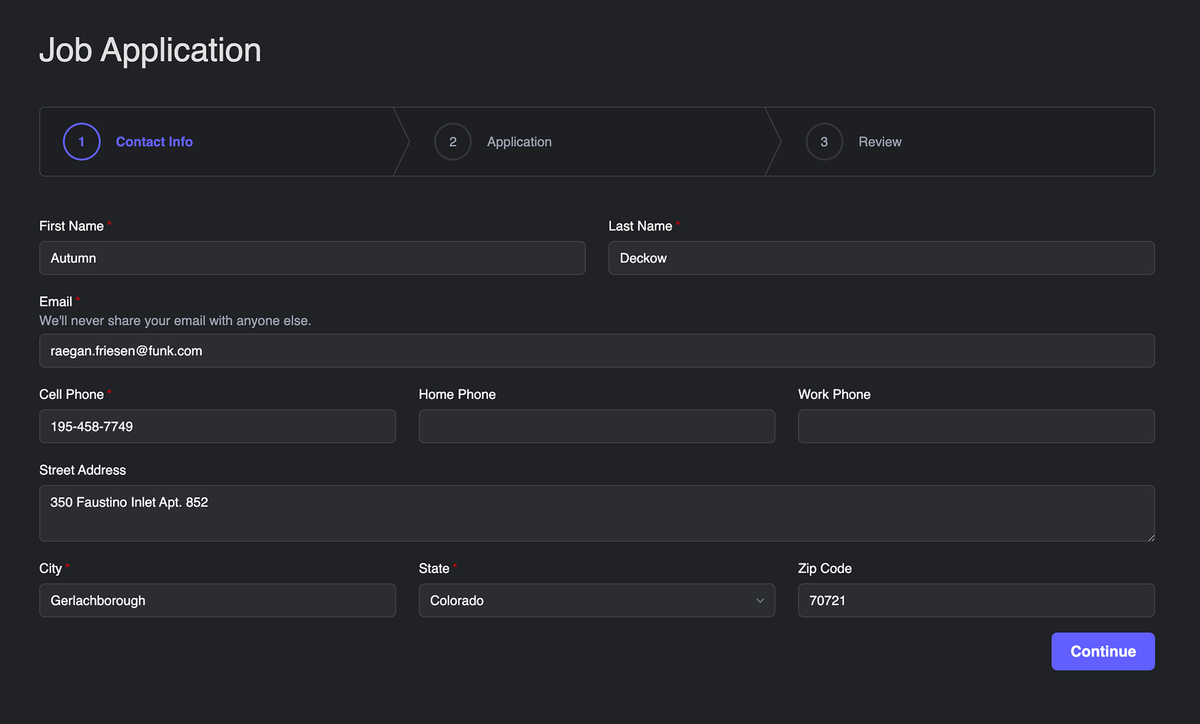 A form on the front end with automatically generated test data from Faker