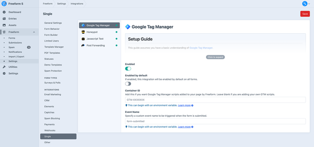 Google Tag Manager settings in Freeform