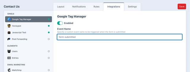 Google Tag Manager settings in the form builder