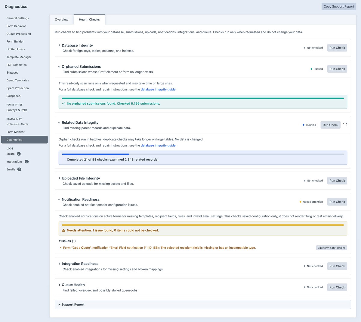 Freeform Diagnostics Health Checks