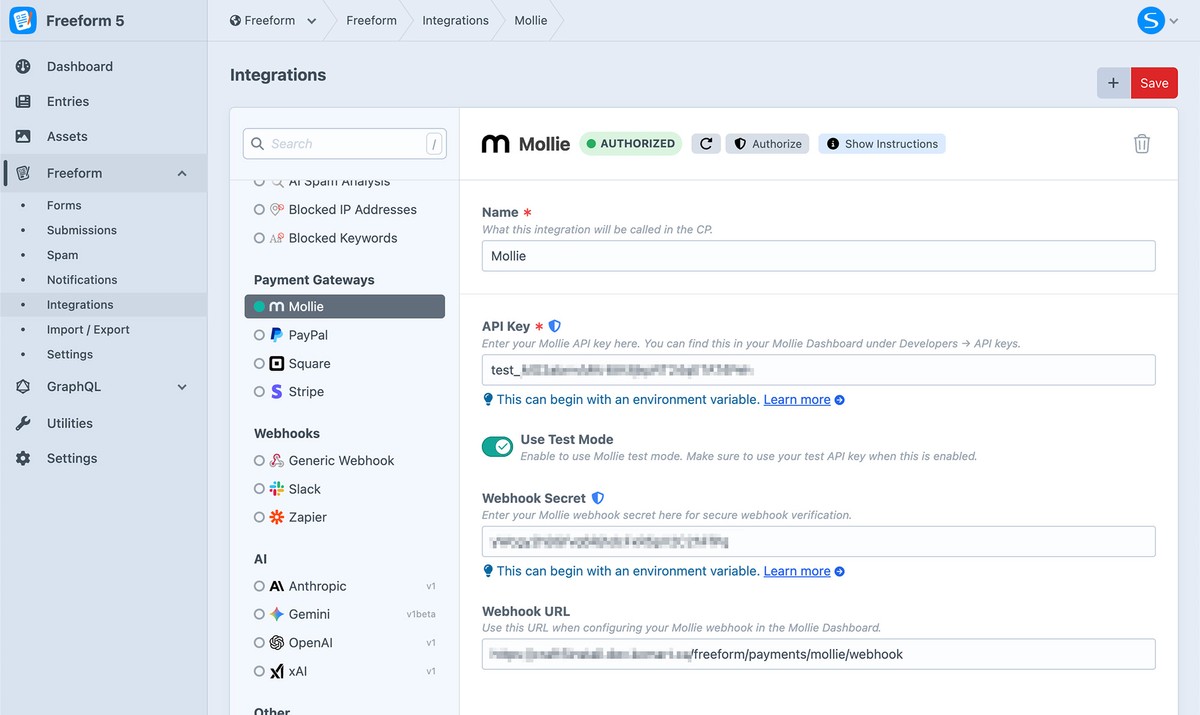 Mollie settings in Freeform