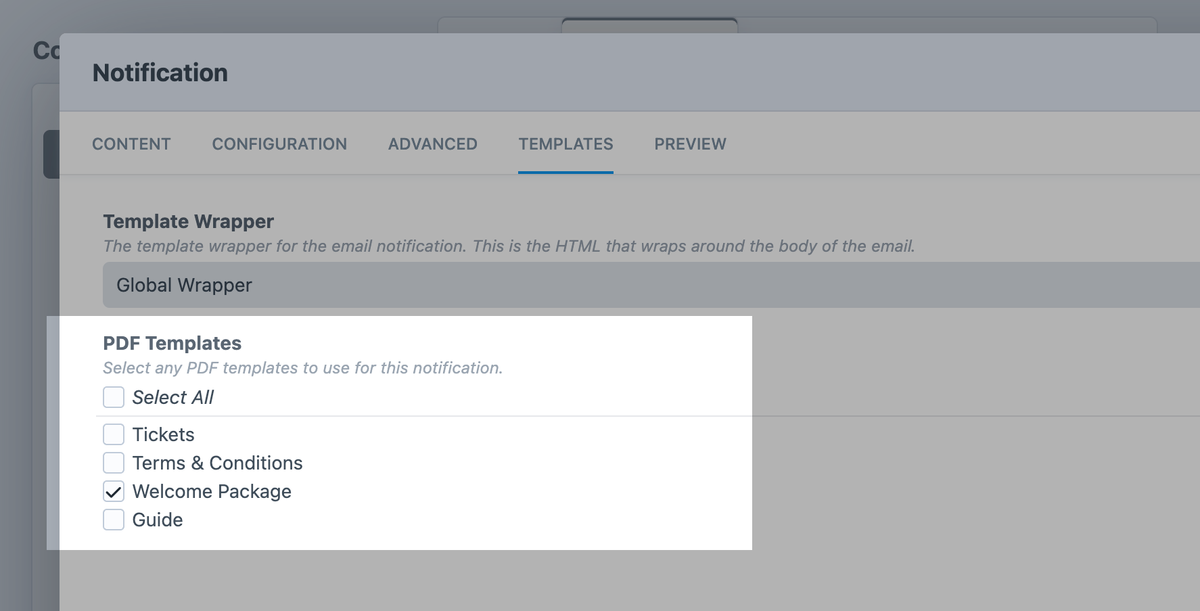 PDF Template setting inside form builder