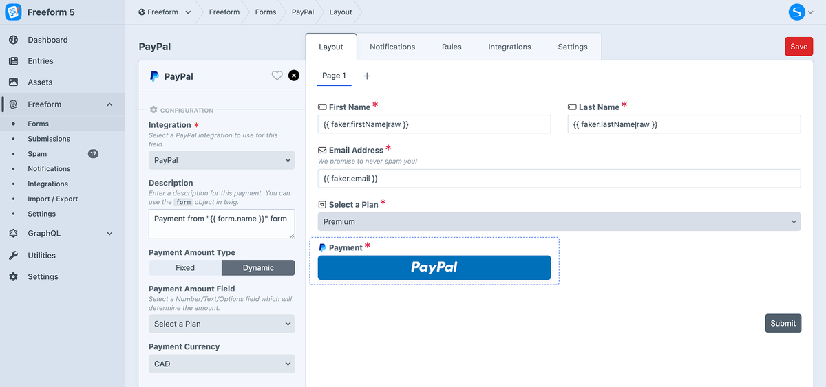 PayPal field settings in Freeform form builder