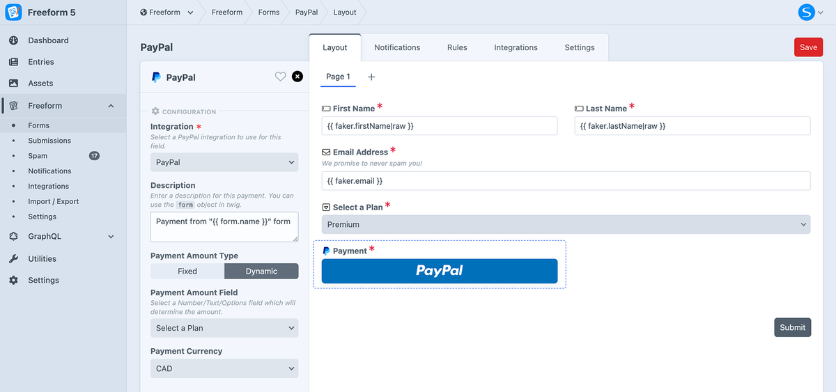 PayPal field settings in Freeform form builder