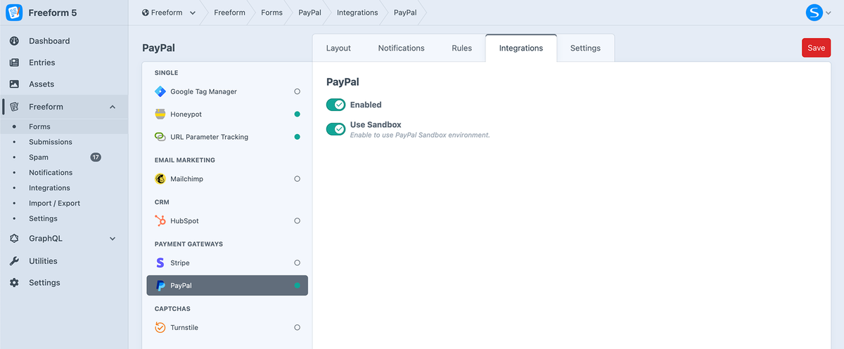 PayPal integration settings in Freeform form builder