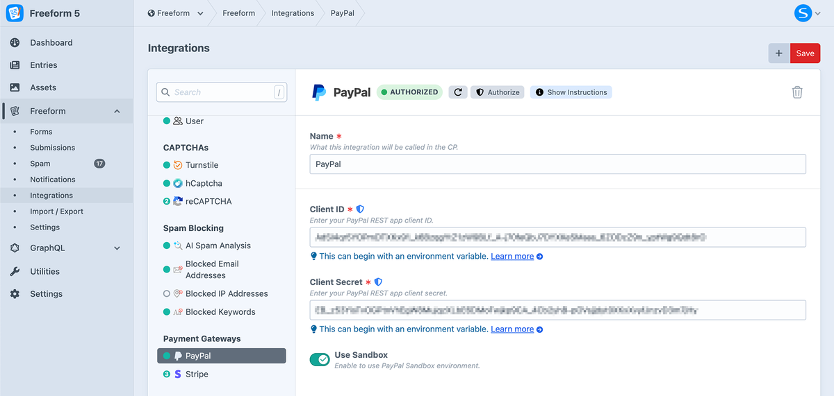 PayPal settings in Freeform