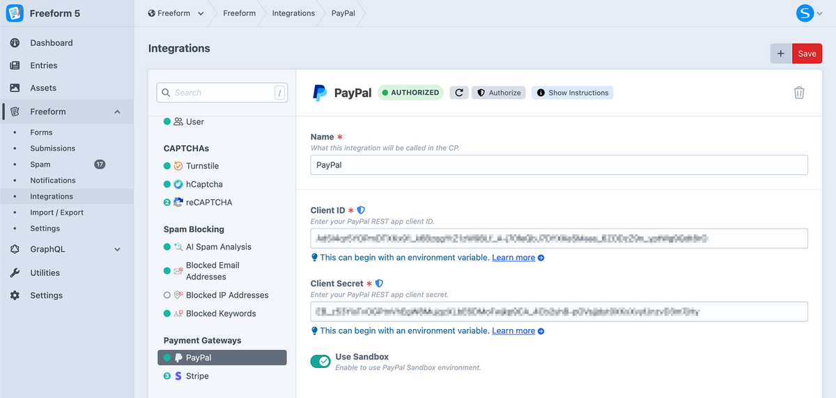 PayPal settings in Freeform