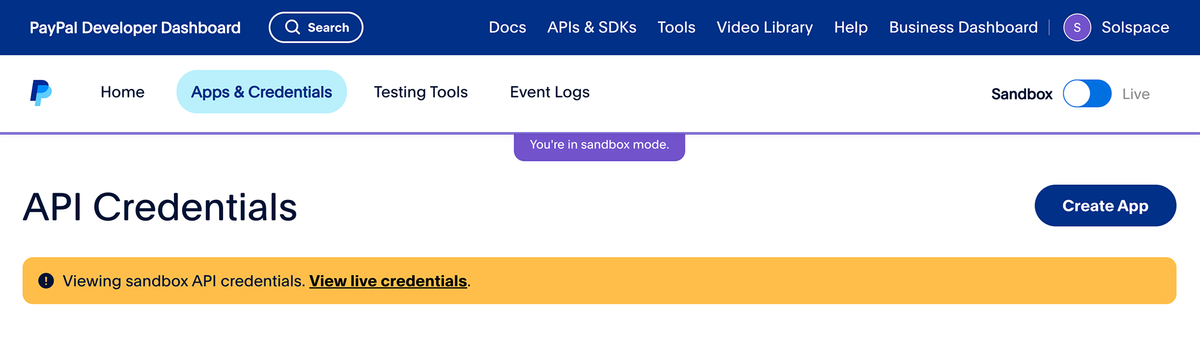PayPal - click Apps & Credentials