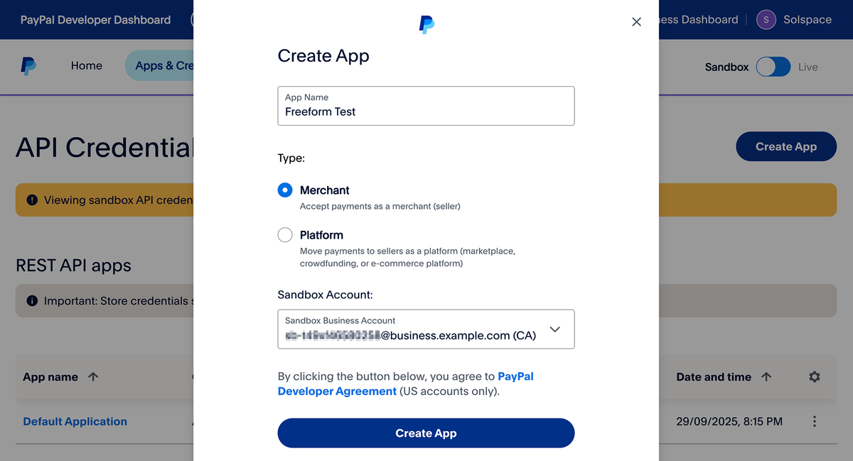 PayPal - click Create App