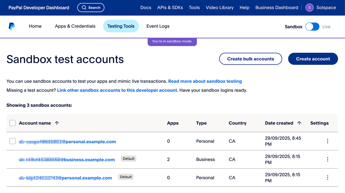 PayPal Sandbox - Accounts List