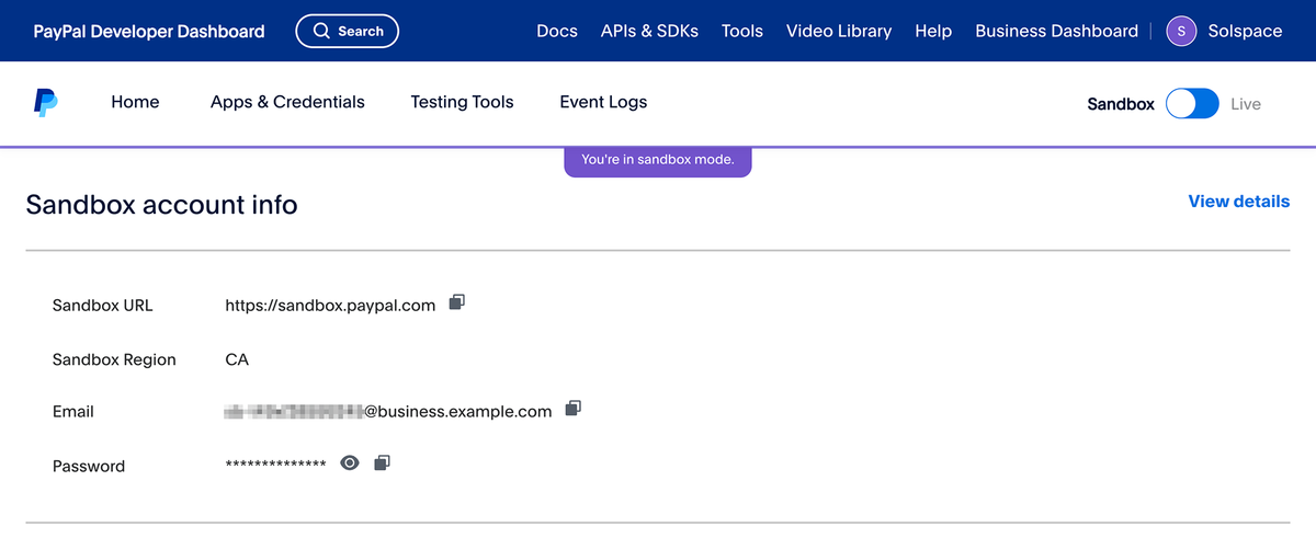 PayPal - copy Sandbox credentials