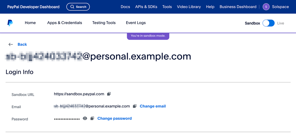 PayPal Sandbox - Account Detail