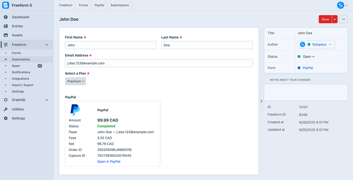 PayPal payment details in Freeform Submission detail area