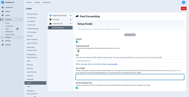 Post Forwarding settings in Freeform