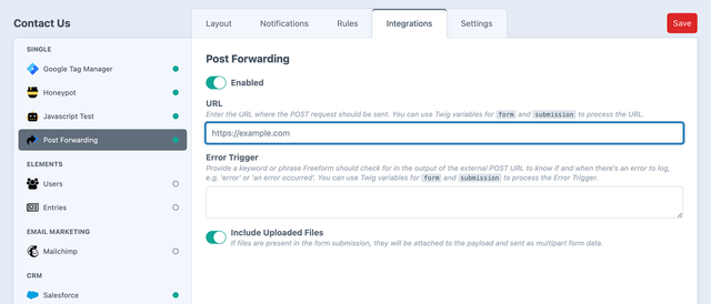 Post Forwarding settings in the form builder