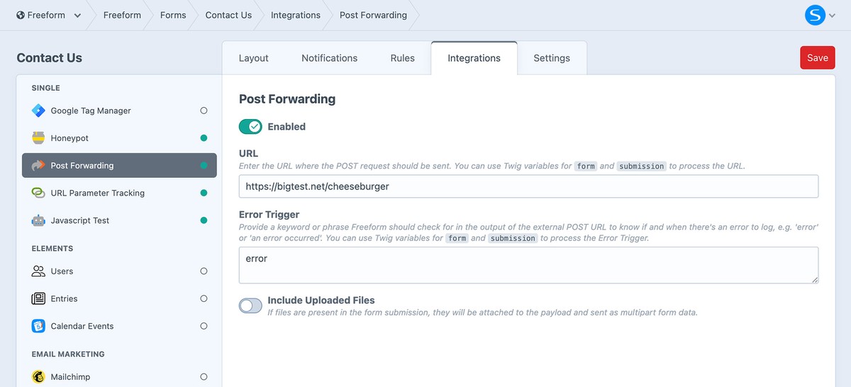 Post Forwarding settings in the form builder