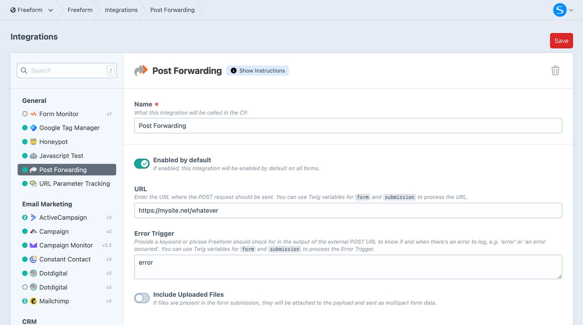 Post Forwarding settings in Freeform