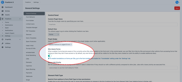 Site-Aware Forms setting in General Settings