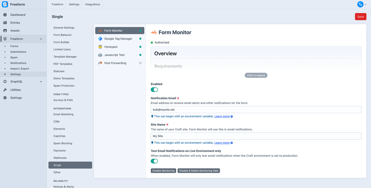 Form Monitoring integration settings