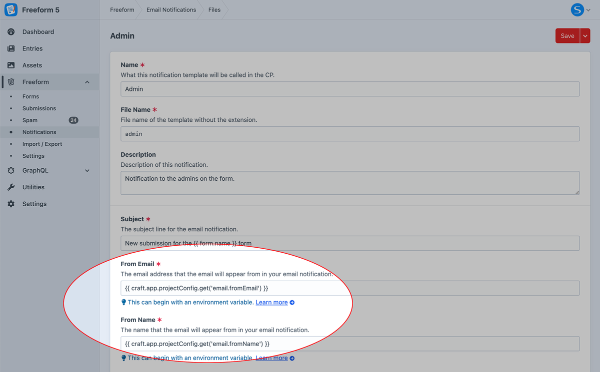 Configure the Freeform email notification template