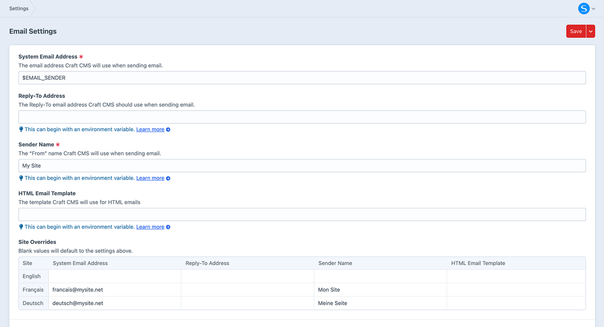 Site Overrides in Craft Email settings