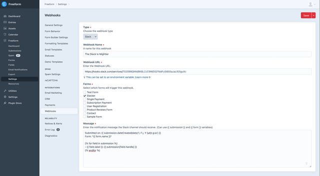 Slack Webhook setup inside Freeform