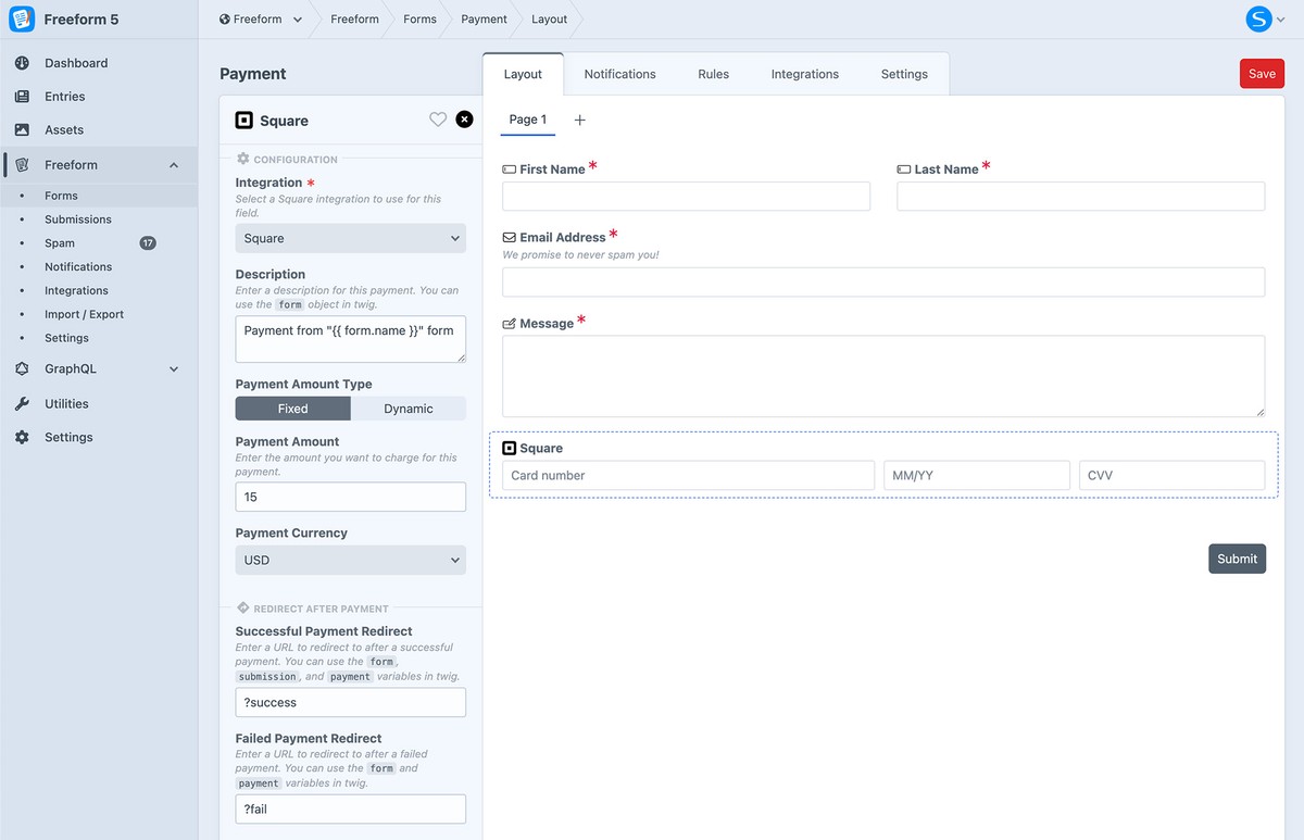 Square field settings in Freeform form builder