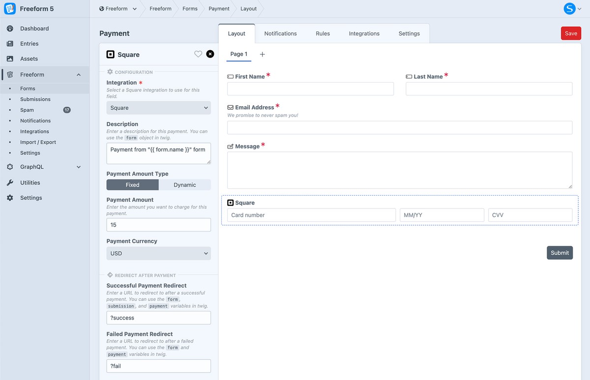 Square field settings in Freeform form builder