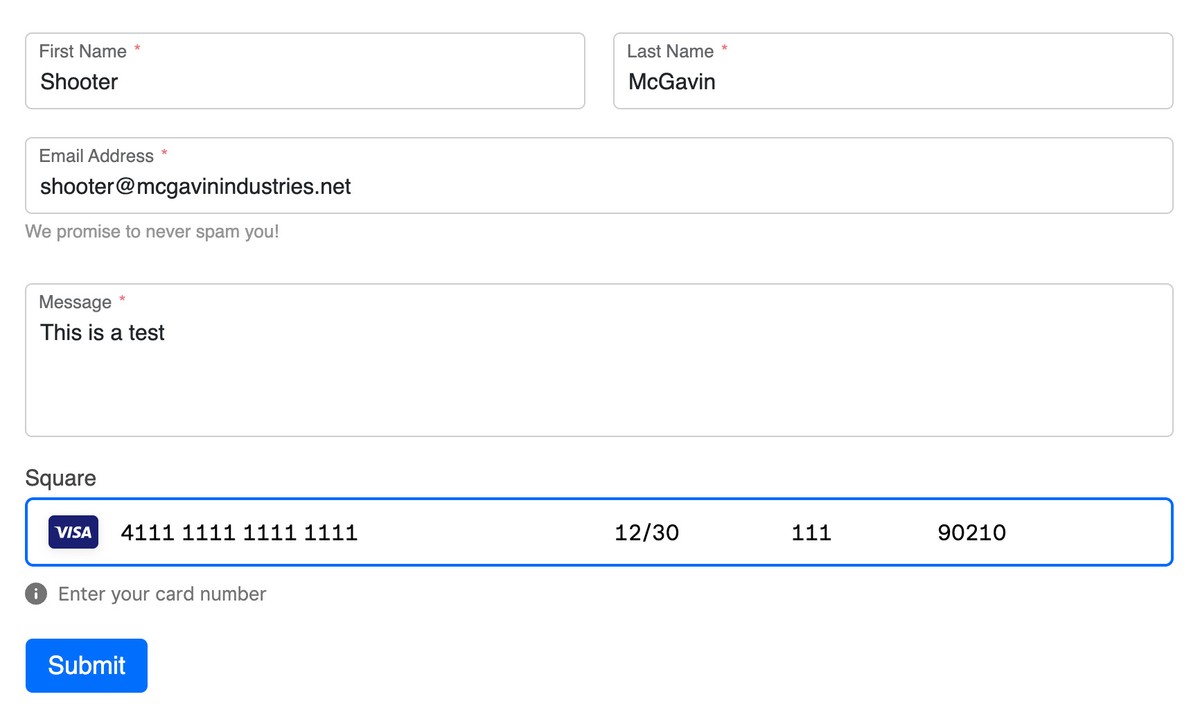 Square Payment on front end in Freeform