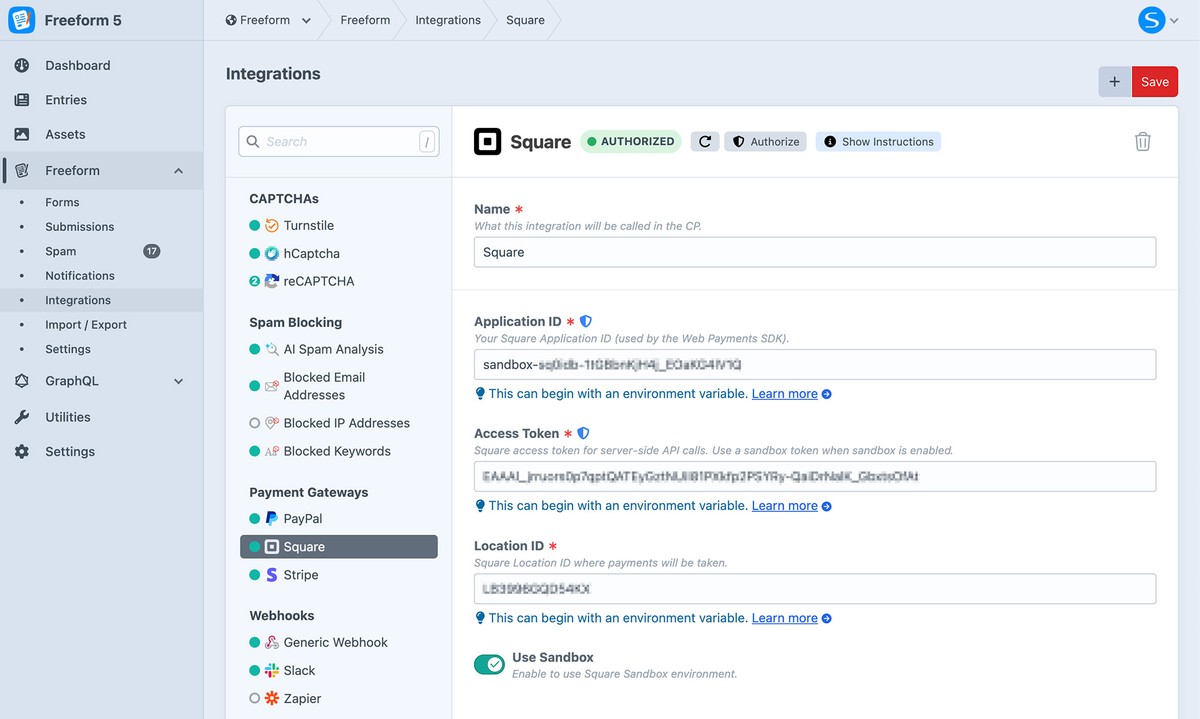Square settings in Freeform