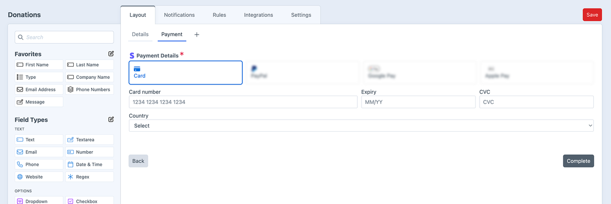 Donation form page 2 in form builder
