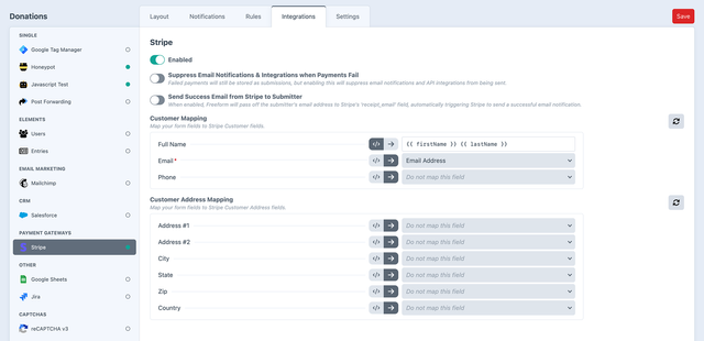 Integration settings for Donation form