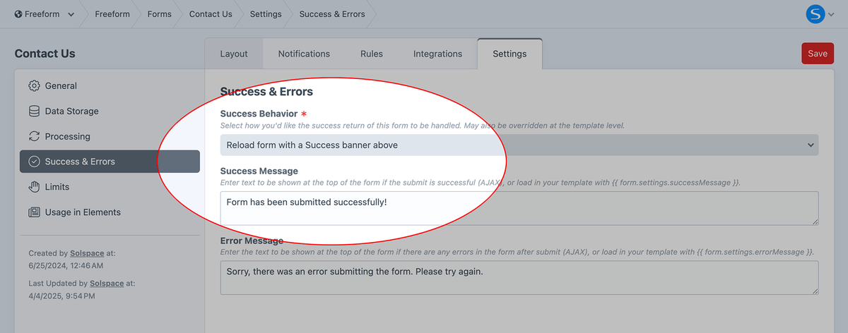 Adjust the Success Banner message for Forms